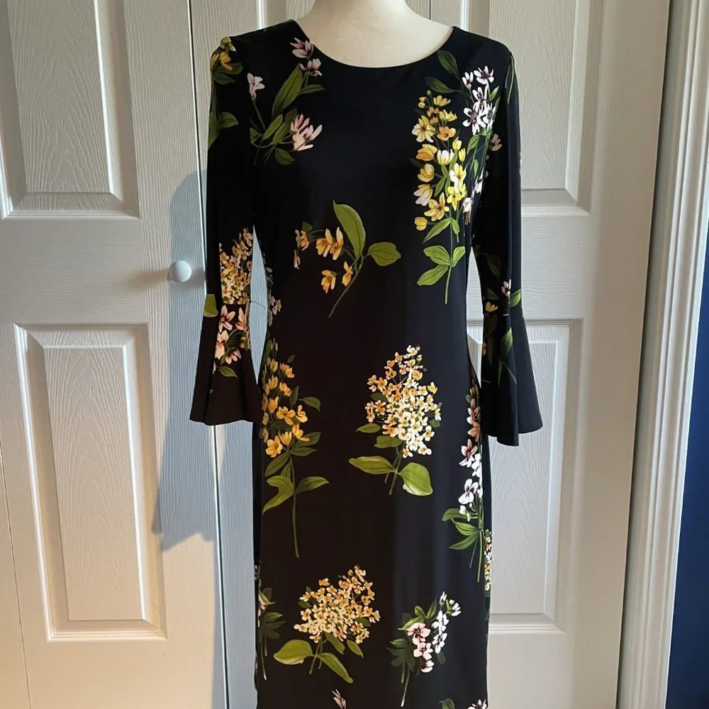EUC Tommy Hilfiger Women's Size 8 Black Floral Flowers Dress Bell Sleeves - Picture 1 of 7